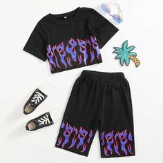 Шорты и футболка с принтом огня для мальчиков Shein