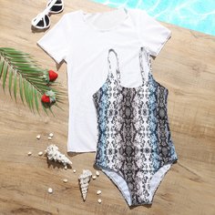 Слитный купальник со змеиным принтом и накидкой для девочек 2шт Shein
