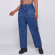 с карманами Одноцветный Повседневный Джинсы размер плюс Shein