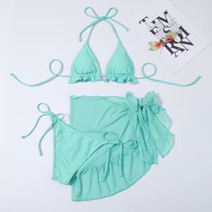 Пляжная юбка и бикини с треугольными чашечками 3шт Shein