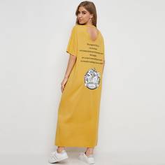 Платье с разрезом сзади, текстовым и цветочным принтом Shein