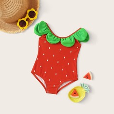 Слитный купальник с узором клубника для девочек Shein