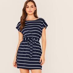 Платье В Полоску Со Спущенным Рукавом Shein