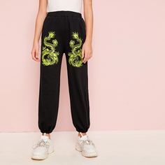 Брюки с принтом дракона для девочек Shein