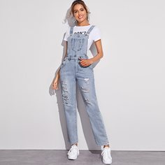 Рваный джинсовый комбинезон с карманом Shein