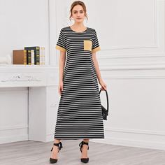 Полосатое платье с карманом Shein