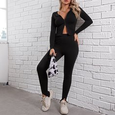 Однотонный топ с молнией и леггинсы с разрезом Shein