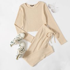 Вязаная футболка и леггинсы в рубчик с узлом Shein