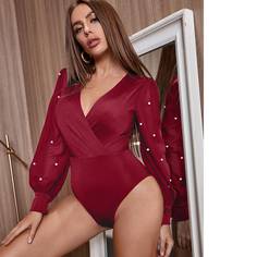 Боди с v-образным воротником и жемчугом Shein