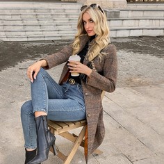 с поясом Клетчатый Повседневный Куртка Shein