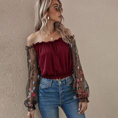с вышивкой Со цветочками Повседневный Женские топы Shein