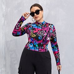 буква Повседневный Футболка размера плюс Shein