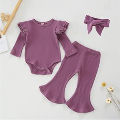 Боди с оборкой & брюки-клеш & повязка на голову для девочек Shein