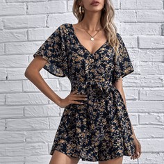 на пуговицах цветочный Бохо Комбинезоны Shein