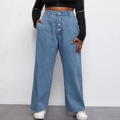 Одноцветный Винтажный Джинсы размер плюс Shein