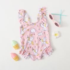 Слитный купальник с принтом единорога для девочек Shein
