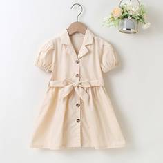 с поясом Одноцветный Повседневный Платья для девочек Shein