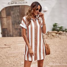 Двухцветное платье-рубашка в полоску на пуговицах без пояса Shein