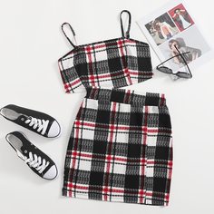 Топ в клетку и юбка с разрезом Shein