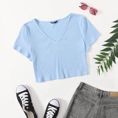 Вязаная короткая футболка размера плюс в рубчик Shein