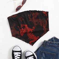 Асимметричный короткий топ без бретелек с принтом китайского дракона Shein