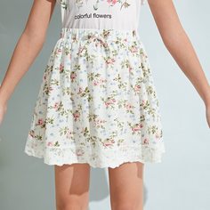 Юбка с цветочным принтом и кружевом для девочек Shein
