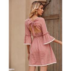 Платье в клетку с кружевной отделкой и открытой спиной Shein