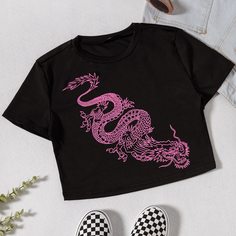 Короткая футболка с принтом китайского дракона Shein