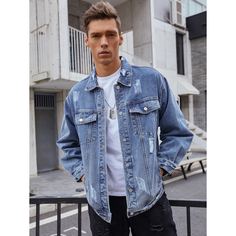 с карманами Одноцветный Мужские джинсовые куртки Shein