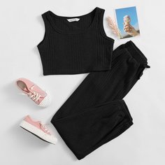Вязаная короткая майка и джоггеры в рубчик для девочек Shein