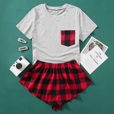 Пижама в клетку с карманом Shein