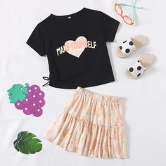 Юбка и футболка с оригинальным принтом для девочек Shein