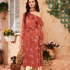 Платье миди с поясом и оборкой Shein