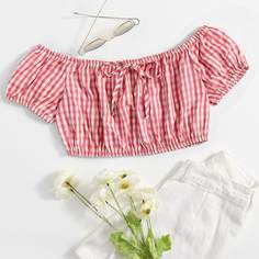 Короткий топ в клетку с открытыми плечами Shein