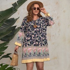 Платье размера плюс с принтом пейсли и v-образным воротником Shein