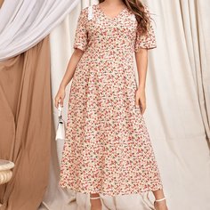 Платье размера плюс с цветочным принтом и кружевной отделкой Shein