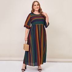 Полосатый Повседневный Платья размер плюс Shein