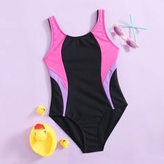 Контрастный слитный купальник для девочек Shein