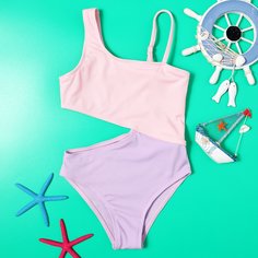 Двухцветный слитный купальник в рубчик для девочек Shein