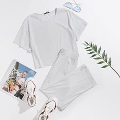 Однотонный трикотажный топ и брюки Shein