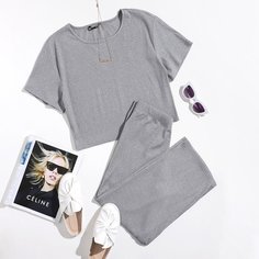 Однотонный трикотажный топ и брюки Shein