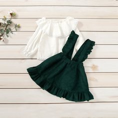 Вельветовая сарафан-юбка и топ с кружевной отделкой для девочек Shein