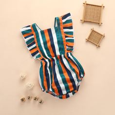 Полосатое боди-сарафан с оборками для девочек Shein