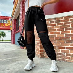 Черный Карман Одноцветный Повседневный Брюки Shein