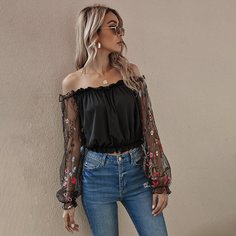 с вышивкой Со цветочками Повседневный Женские топы Shein