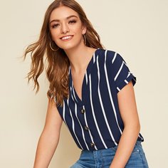 Синяя Блузка В Белую Полоску Shein