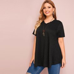 Однотонная футболка размера плюс с v-образным воротником Shein