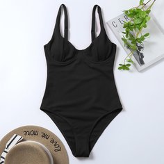 Слитный купальник в рубчик на косточках Shein