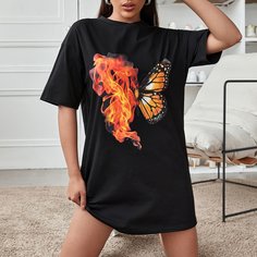Платье-футболка с принтом бабочки и огня Shein