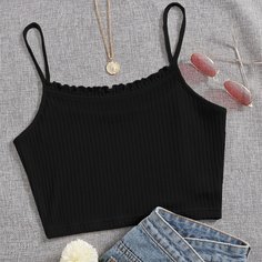 Укороченный трикотажный топ на подтяжках в рубчик с оборками Shein